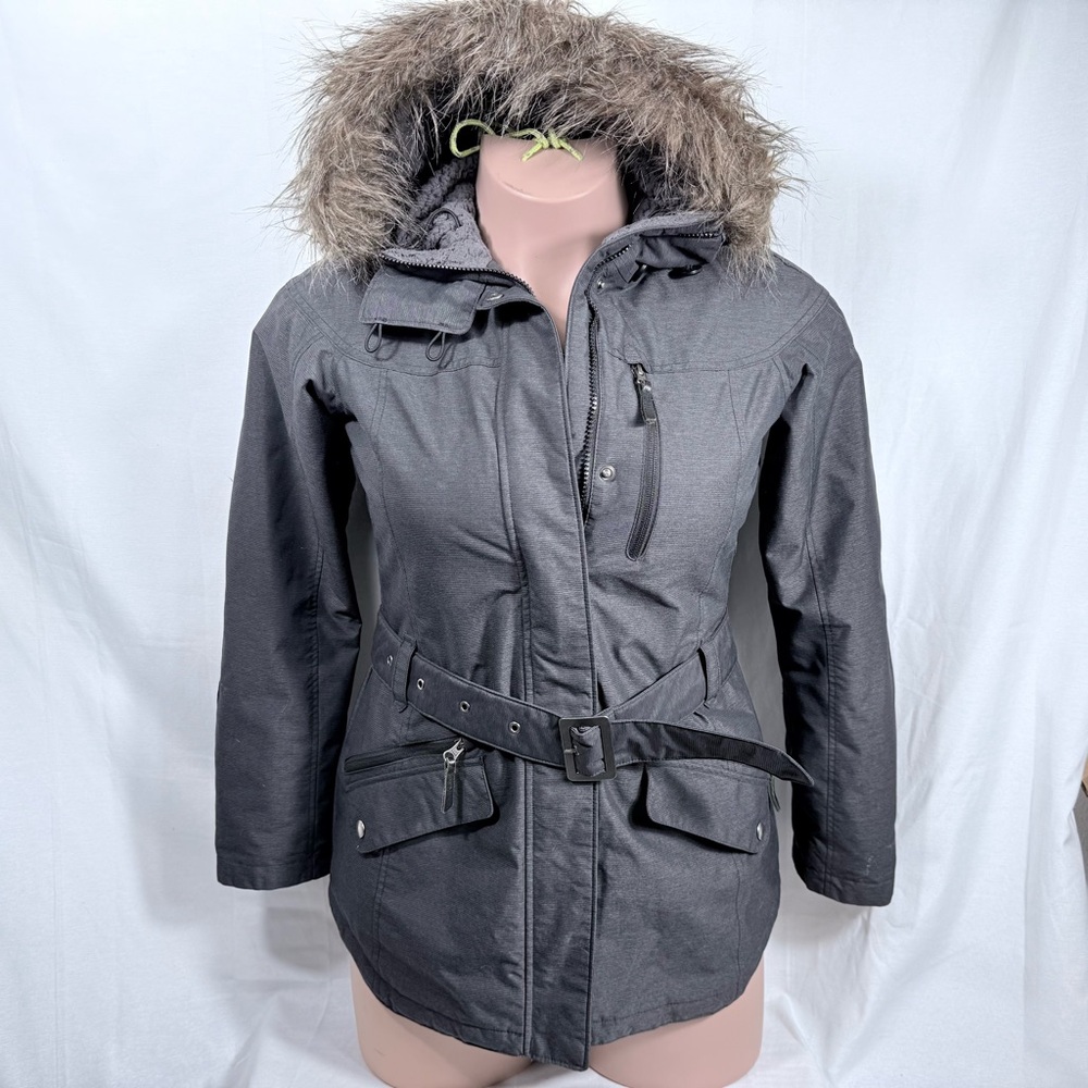 Columbia Jacket Sz‎ S Gray Belted Hooded Removable Faux Fur Trim Omni Heat Parka